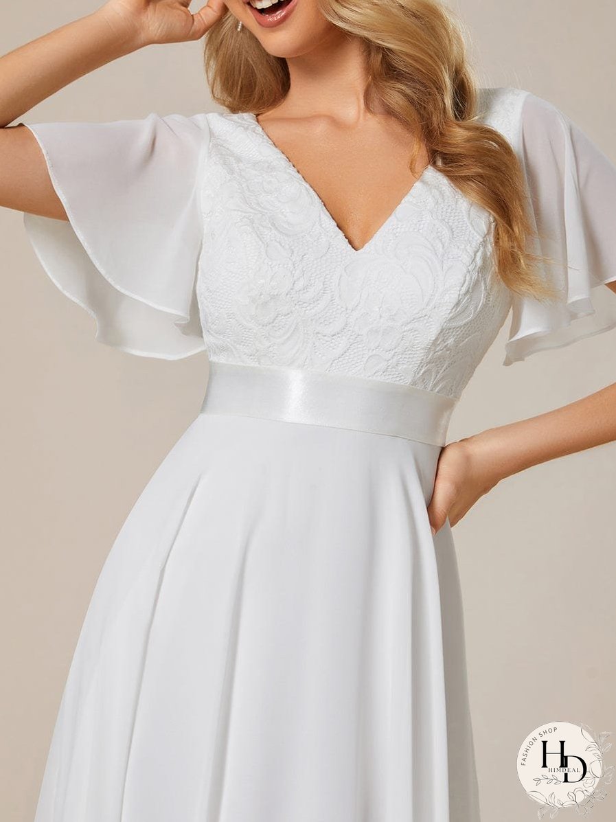 V-Neck Asymmetrical Dress with Short Sleeves