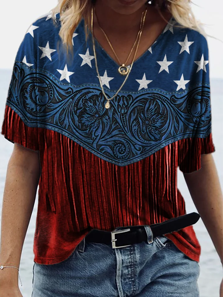 Wearshes American Flag Inspired Floral Embossed Tassels T Shirt