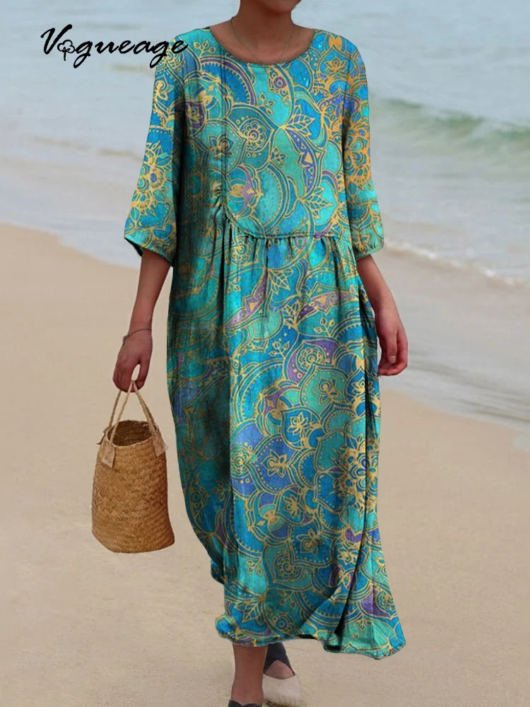 Elegant And Fashionable Art Flowers Printed Women's Casual Cotton And Linen Dress