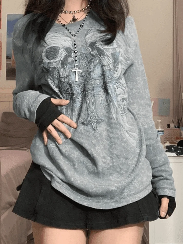 Brownm Cross Skull Printed Long Sleeve Top