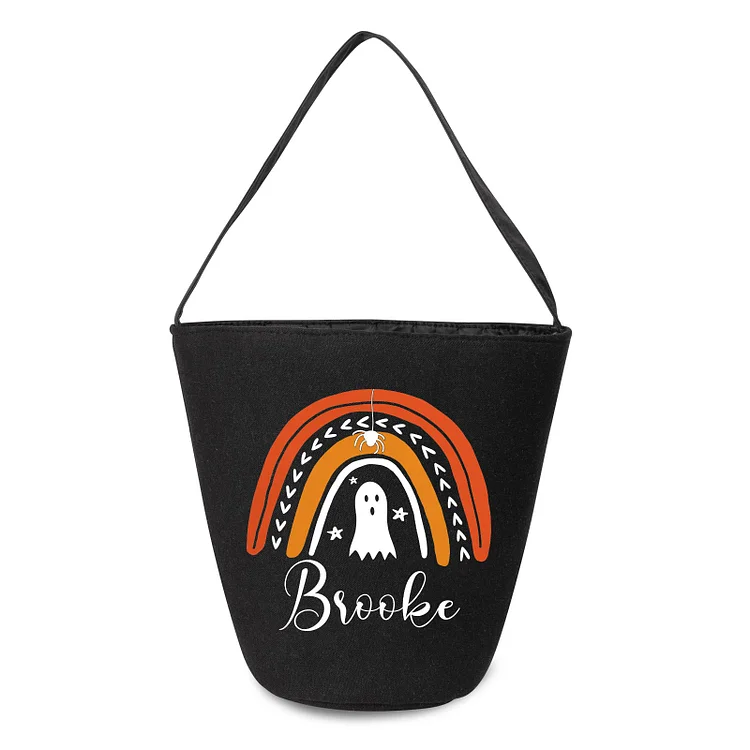 Personalized Happy Halloween Ghost Tote Black Bag, Custom 1 Name Candy Bag Halloween Gift