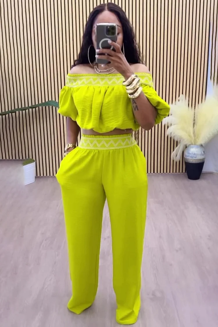 Off Shoulder Puff Sleeve Top Embroidery Trim Pants 2pcs Set-Green [Pre Order]