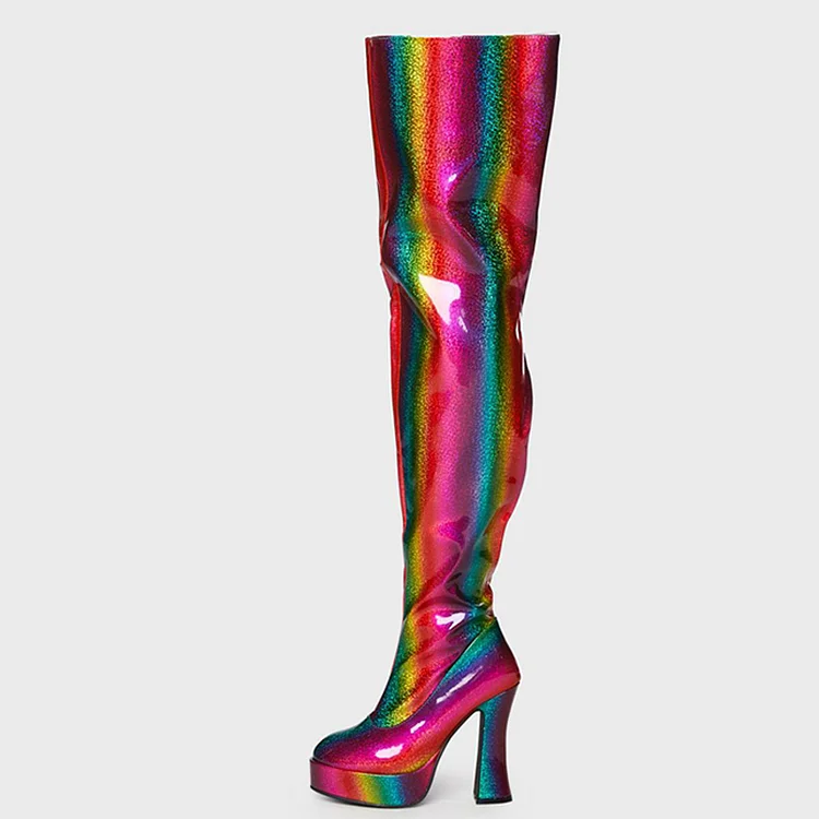 Multicolor Gradient Patent Leather Platform Heeled Thigh High Boots |FSJ Shoes
