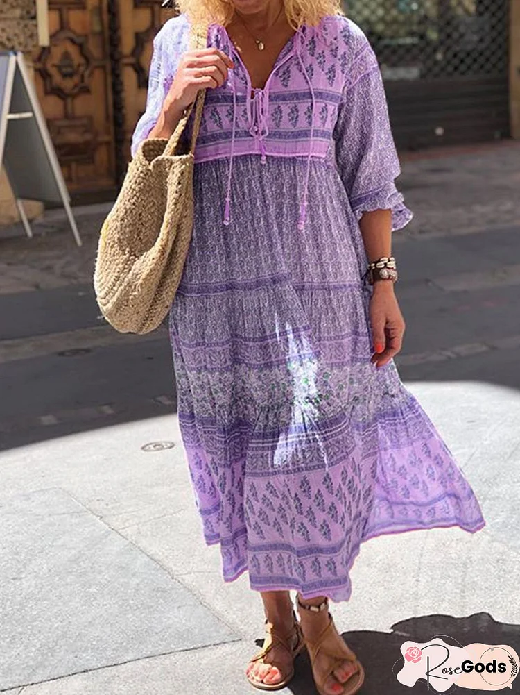 Boho Floral Maxi Weaving Dress Shift Women Long Sleeve Beach Weaving Dress