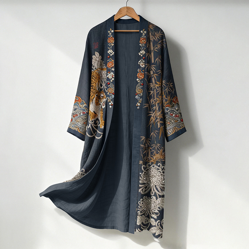 Men's Retro Japanese Tiger And Flowers Art Print Linen Long Kimono  artssus