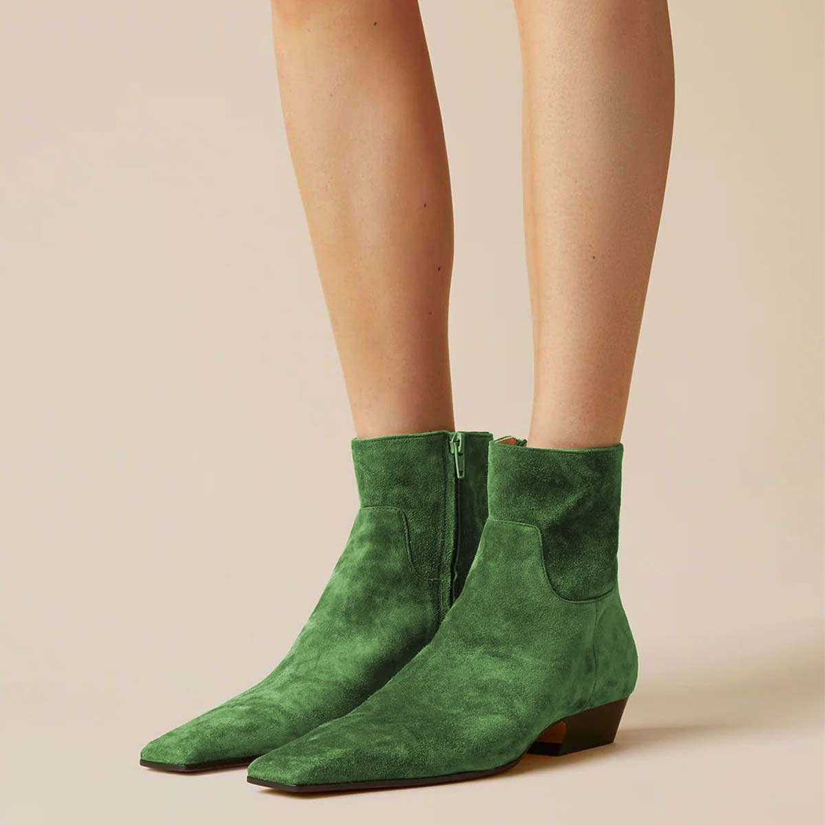 Green Vegan Suede Square Toe Zipper Ankle Boots with Chunky Heel Nicepairs
