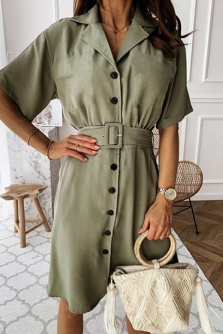 Button Down A-line Lapel Dress With Belt - BlackFridayBuys
