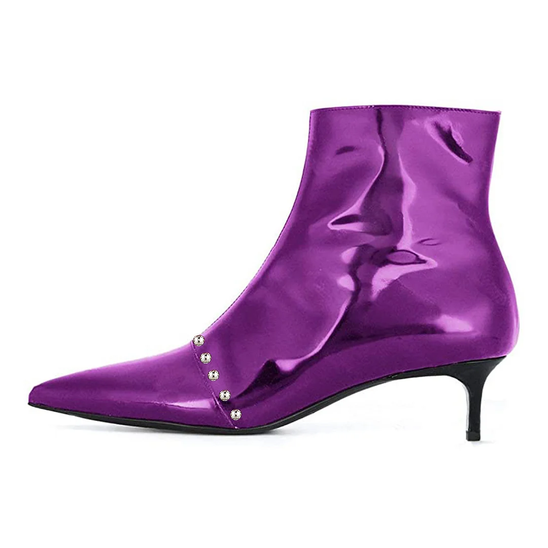 Patent Leather Studded Pointed Toe Kitten Heeled Booties in Purple