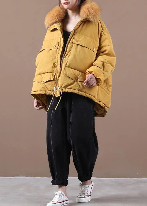 2021 plus size down jacket coats yellow faux fur collar drawstring duck down coat