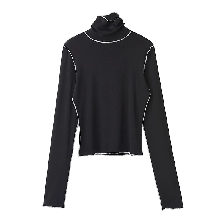 Simple High Collar Solid Color Splicing Contrast Color Line Long Sleeve T-shirt