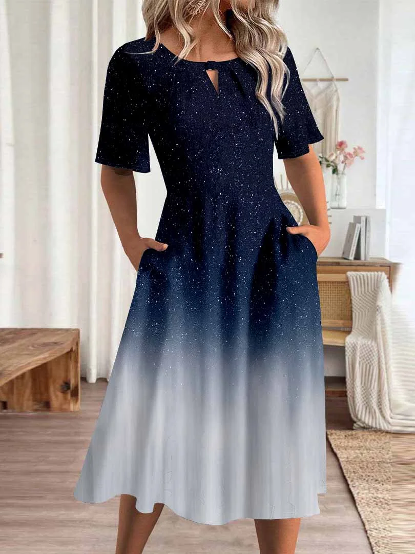 Women Polka Dot,Gradient,Blue DZHA8251 Short Sleeve Scoop Neck Graphic Printed Hollow Midi Dress