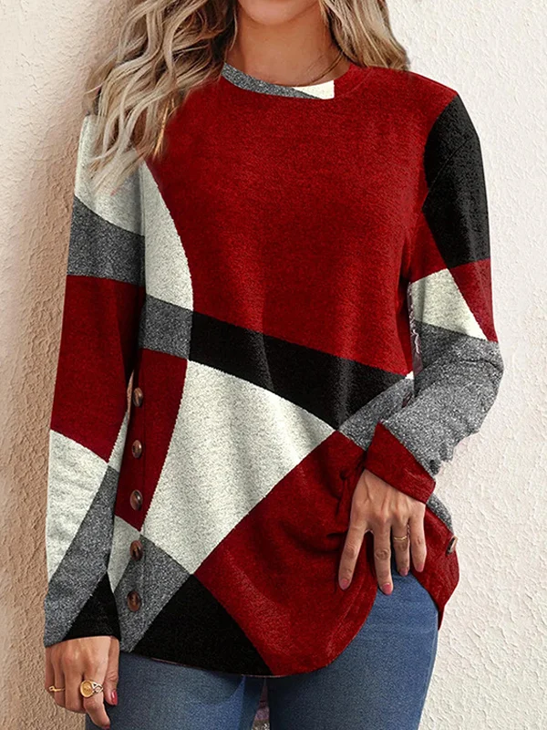 Top Button Geometric Contrast Round Neck Long Sleeve Print Loose T-Shirt