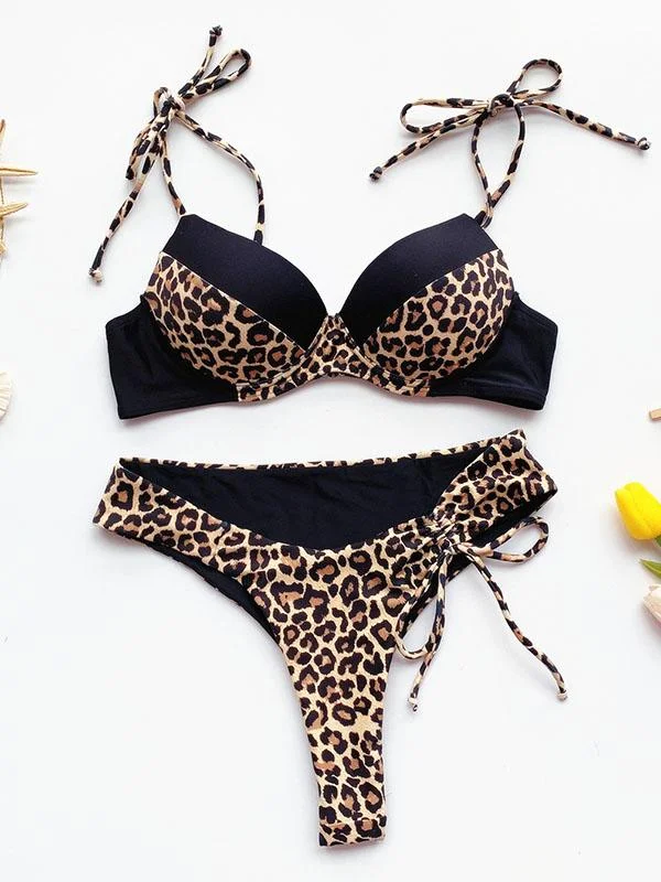 Leopard Print Split-Joint Split Bikini Swimsuit