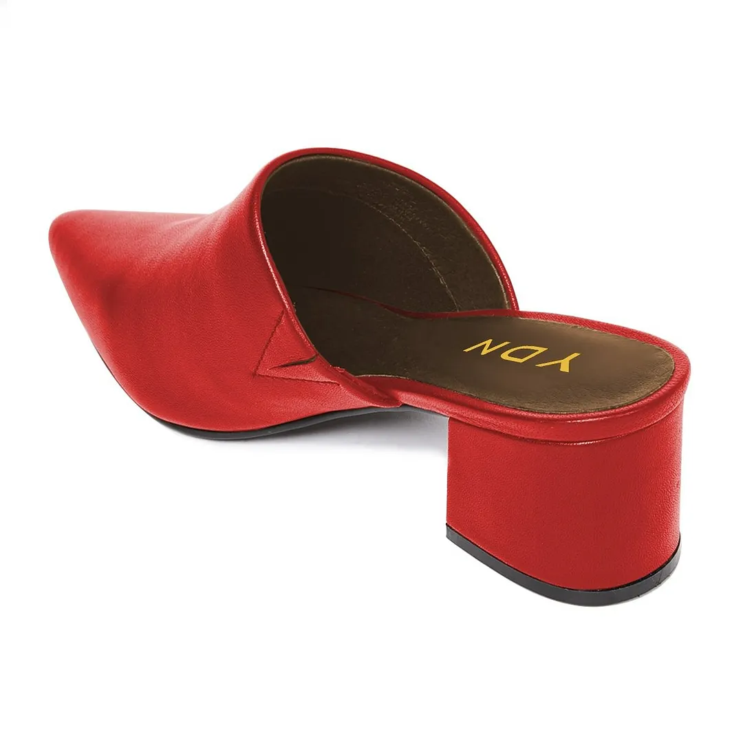 YDN Red Pointed Toe Slip On Mule Shoes for Women with Chunky Heel