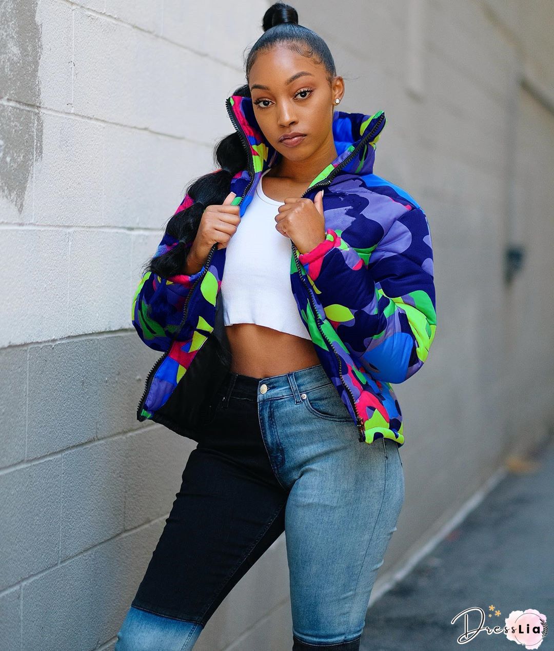 Stand Collar Zipper Orange Camo Cotton Padded Coat