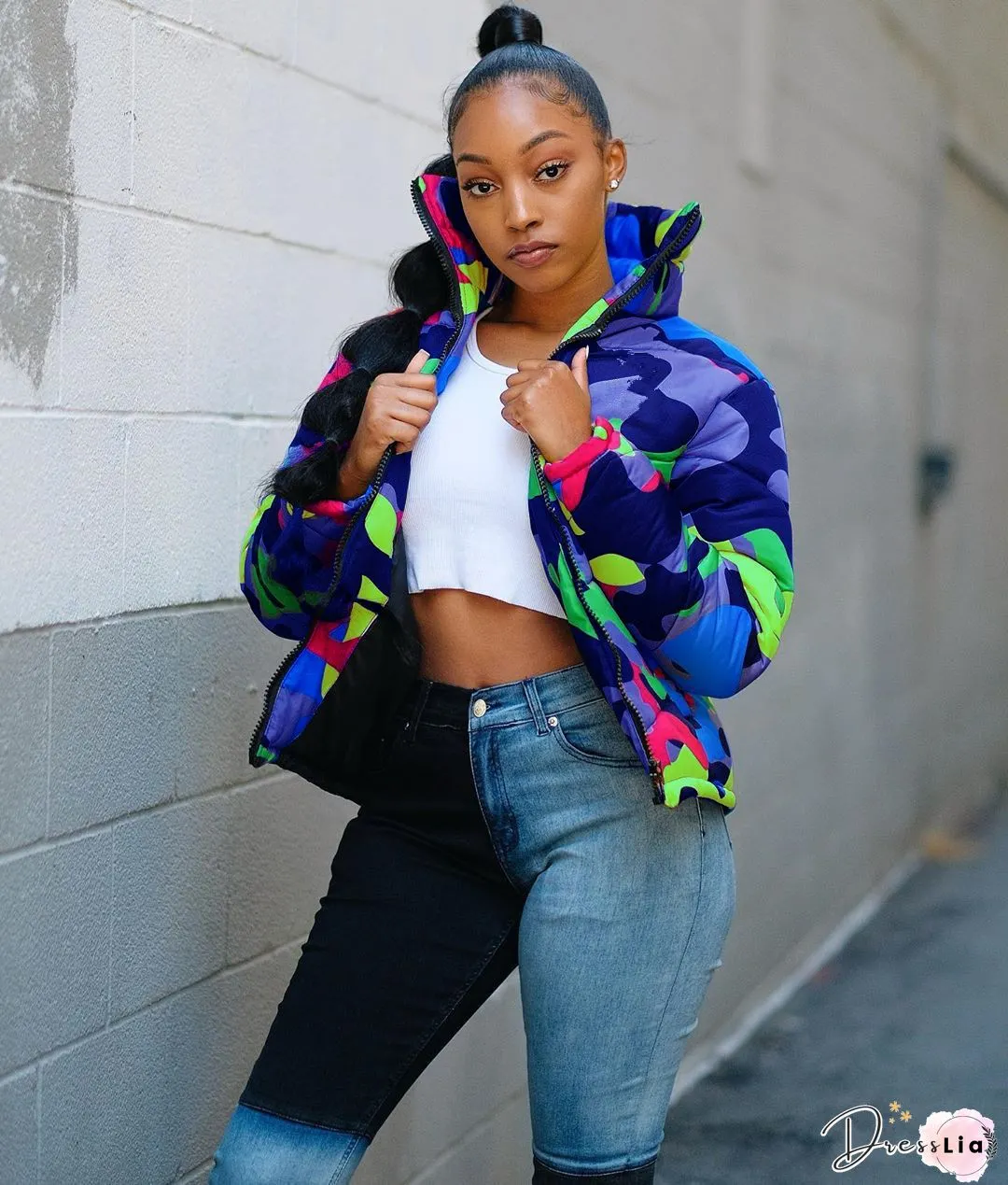 Stand Collar Zipper Orange Camo Cotton Padded Coat