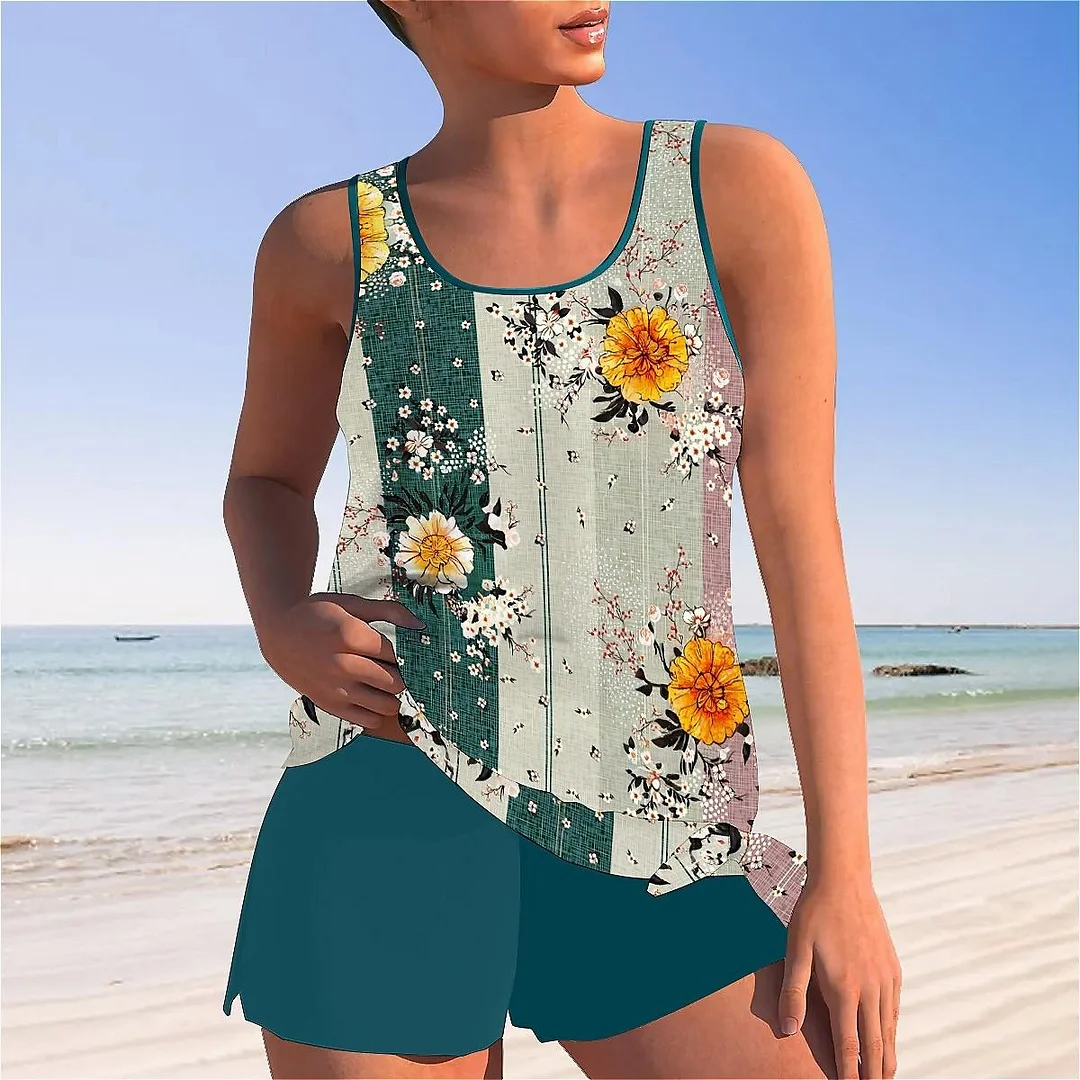 Bowknot Floral,Pink,Green,Stitch Mid Waisted Tankini Set - Plus Size Available