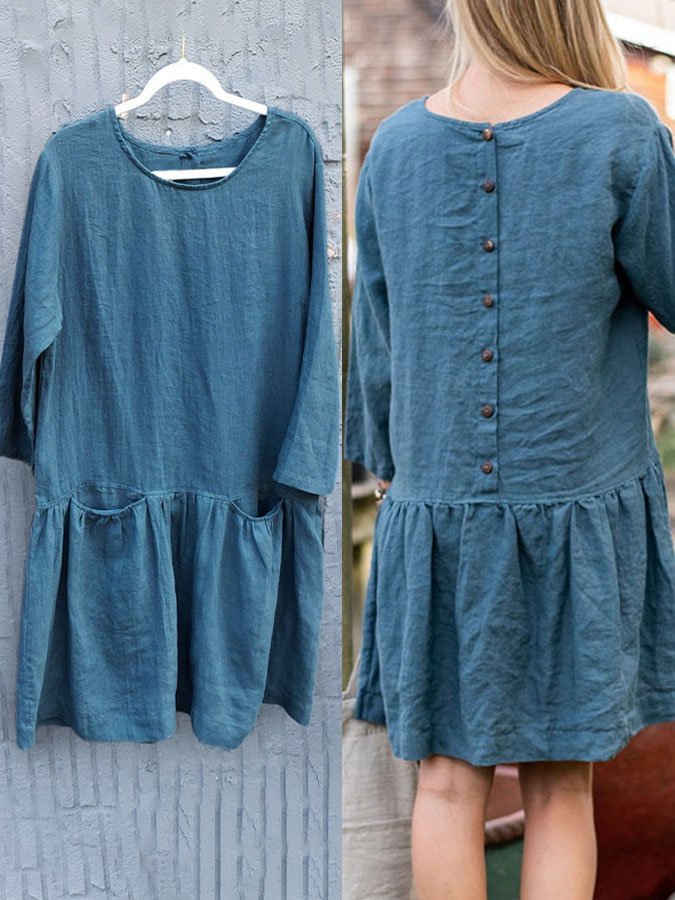Solid Color With Pocket Back Button Cotton Linen Dress