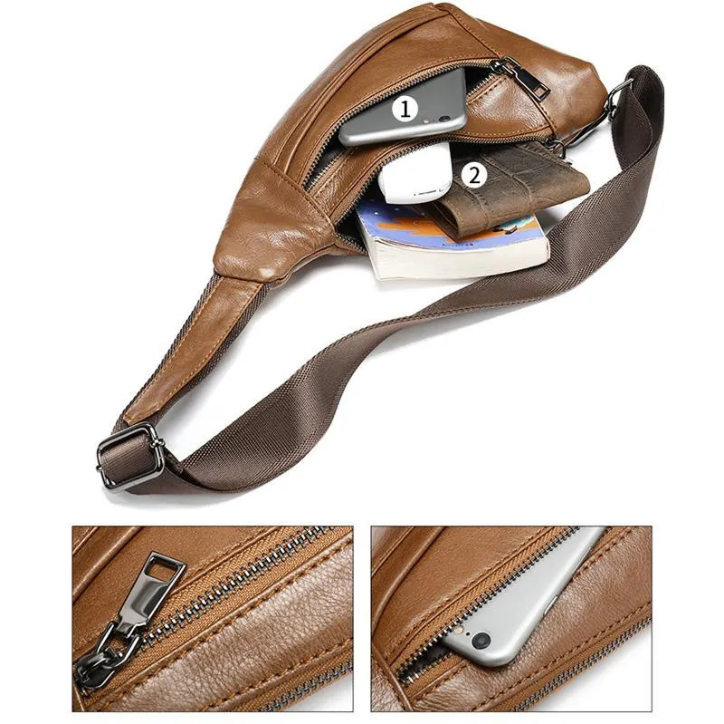 Textured Style Adjustable Strap Genuine Leather Multiple Compartment Sling Backpack