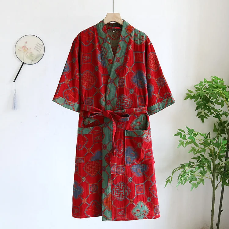 Retro Style Cotton Gauze Loose Bathrobe Pajama Radinnoo.com