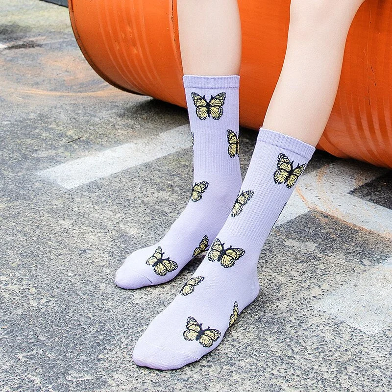 3Pair Fashion Butterfly Cotton Women Street Socks Harajuku Skateboard Tube Socks Korea Hip Hop Autumn Thick Indoor Floor Sock