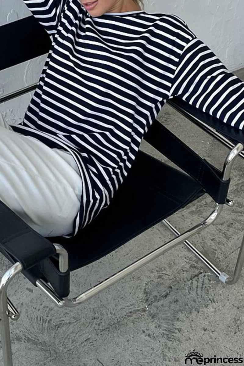 Casual Striped Patchwork O Neck Tops