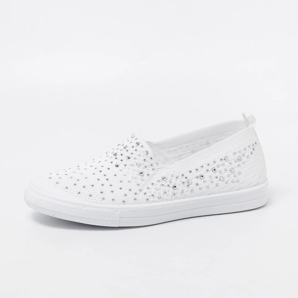 women's summer sneakers Ladies  Shoes Flat Loafers Crystal Fashion white Bling Sneakers knit Slip On Breathable Casual Shoes