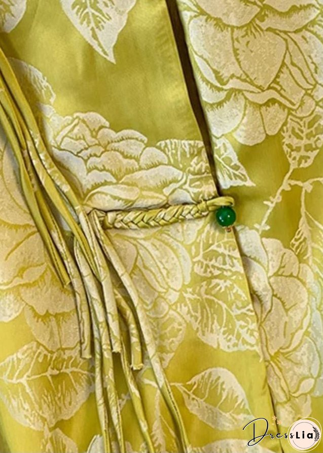 Vintage Yellow Tasseled Button Print Silk Coat Fall