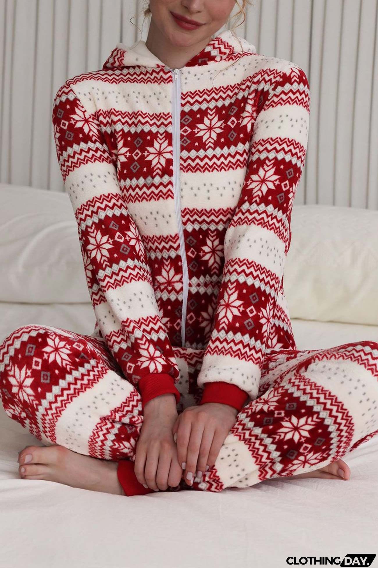 Christmas Printed Zipper Hooded Jumpsuits