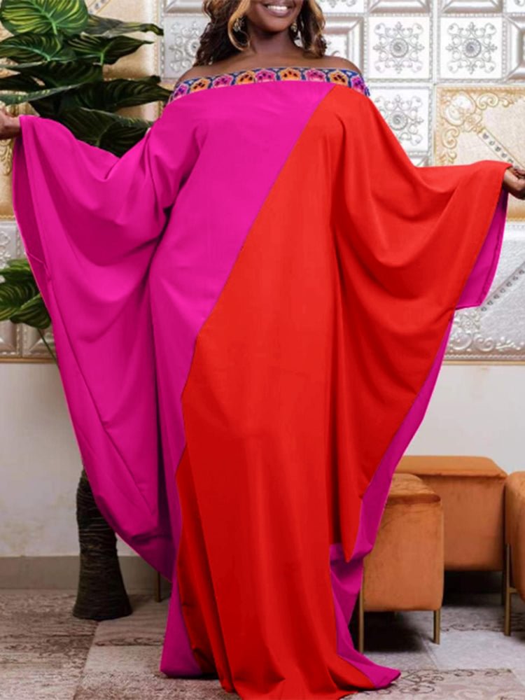 Print Patchwork Contrast Color Off-shoulder Women Maxi Dresses SKUI99172 QueenFunky