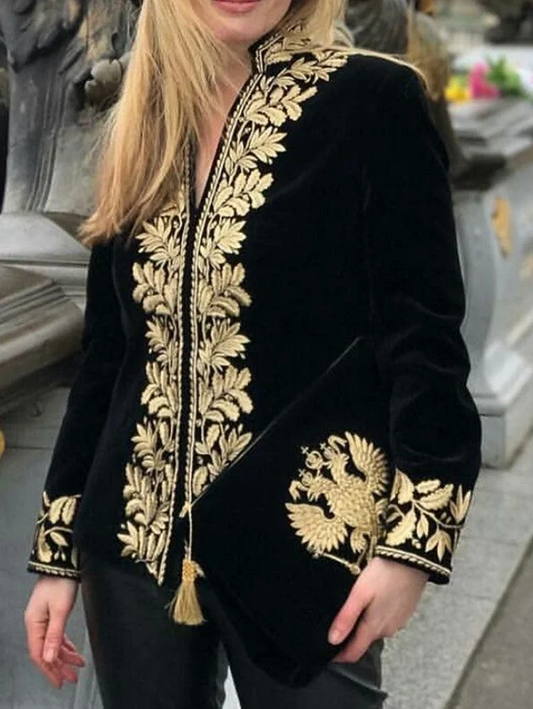 Vintage Embroidery Stand Collar Long Sleeve Velvet Blouse