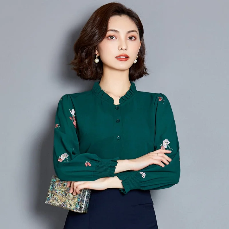 Clothing Women 2021 Plus Size 4XL Long Sleeve Women's Blouses Printed Solid Color Shirt Chiffon Blouse Ladies Tops 5 Color 2640