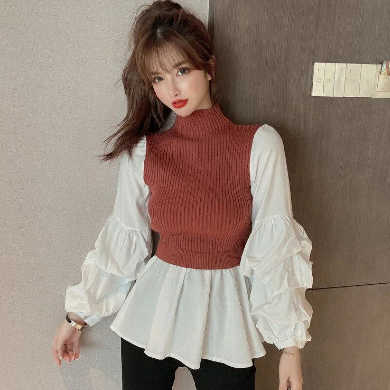 New Autumn Women's Knit Patchwork Fake Two-Piece Casual Slim Fit Lantern Sleeve Shirt Tight Turtleneck Pullovers Sweater Tops