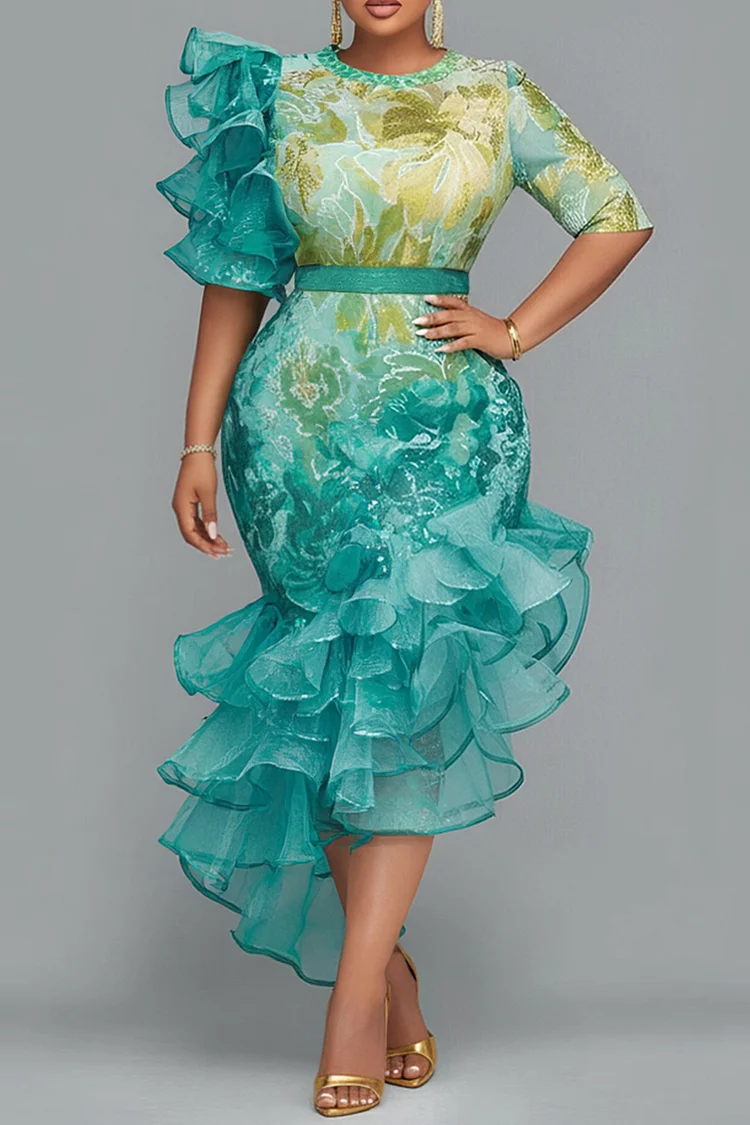 Xpluswear Design Plus Size Cocktail Party Green All Over Print Round Neck  Half Sleeve Ruffle Asymmetric Hem Irregular Hem Midi Dresses