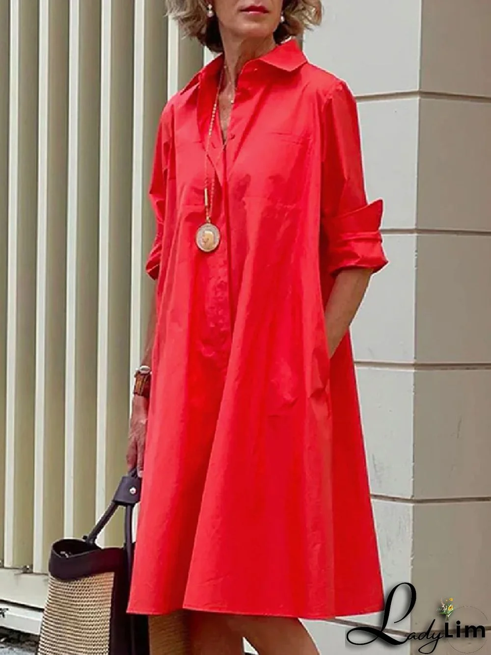 Simple Long Sleeves Solid Color Lapel Midi Dress