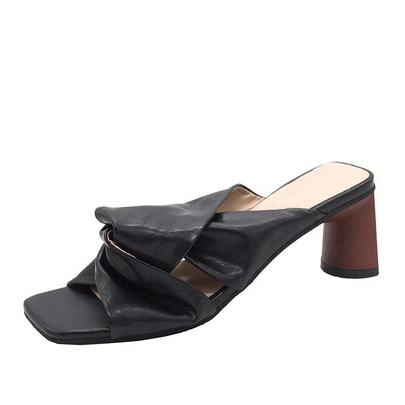 Women Slippers High Heels Chain PU Square Toe Fashion Woman Pumps Summer Sandals Outdoor Comfort Ladies Footwear New 2021