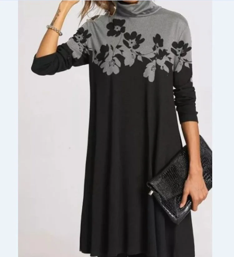 Printed Half-turtleneck Long Sleeve Dress Black Dresses