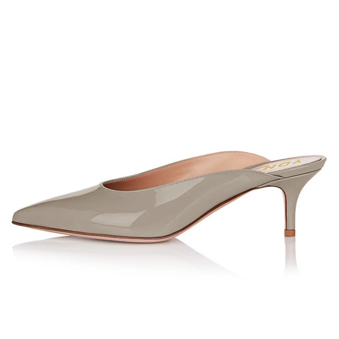 Simple Grey Pointed Toe Slip-On Mules Shoes with Kitten Heels