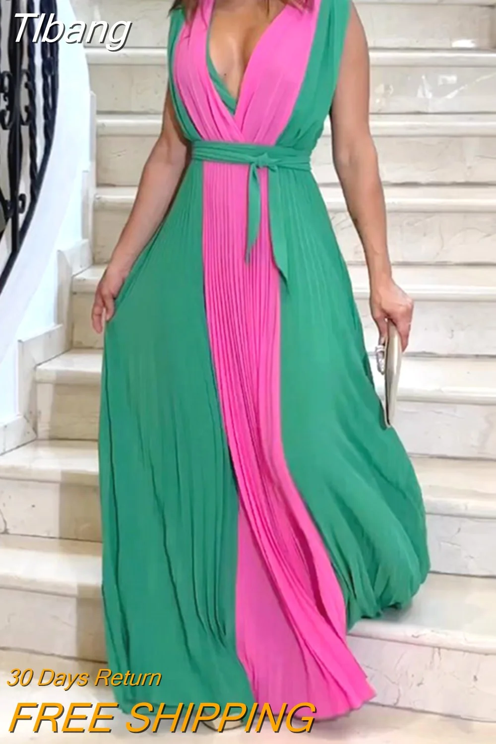 Tlbang Female Fashion Contrast Color Sexy V-Neck Pleated A-Line Prom Dress 2023 New Spring Summer Sleeveless Party Maxi Dresses