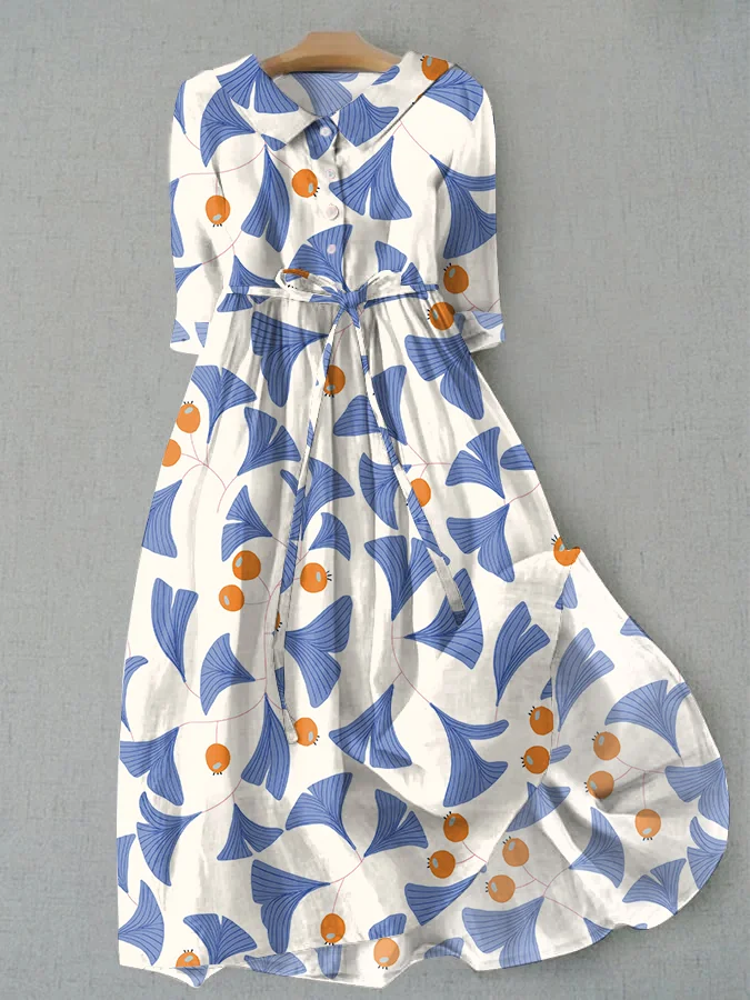 Casual Ginkgo Leaf Holiday Floral Print Tie Loose Dress