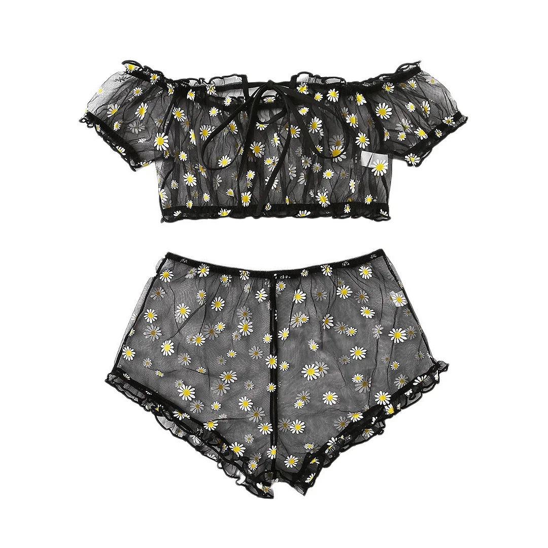 2Pcs Women Lingerie Suit Sexy See-through Sheer Daisy Floral Print Off-Shoulder Crop Top + High waist Thong-Panty Underwear Sets
