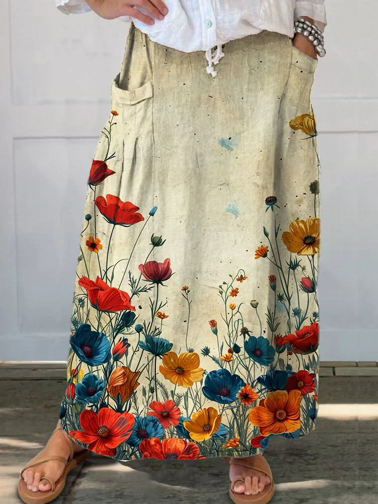 Elegant Flowers And Plants Printed Women's Casual Cotton And Linen Skirt