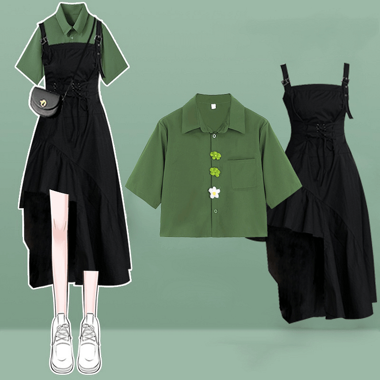 Lapel Crop Top T-Shirt Irregular Lace Up Slip Dress Two Pieces Set - Modakawa modakawa