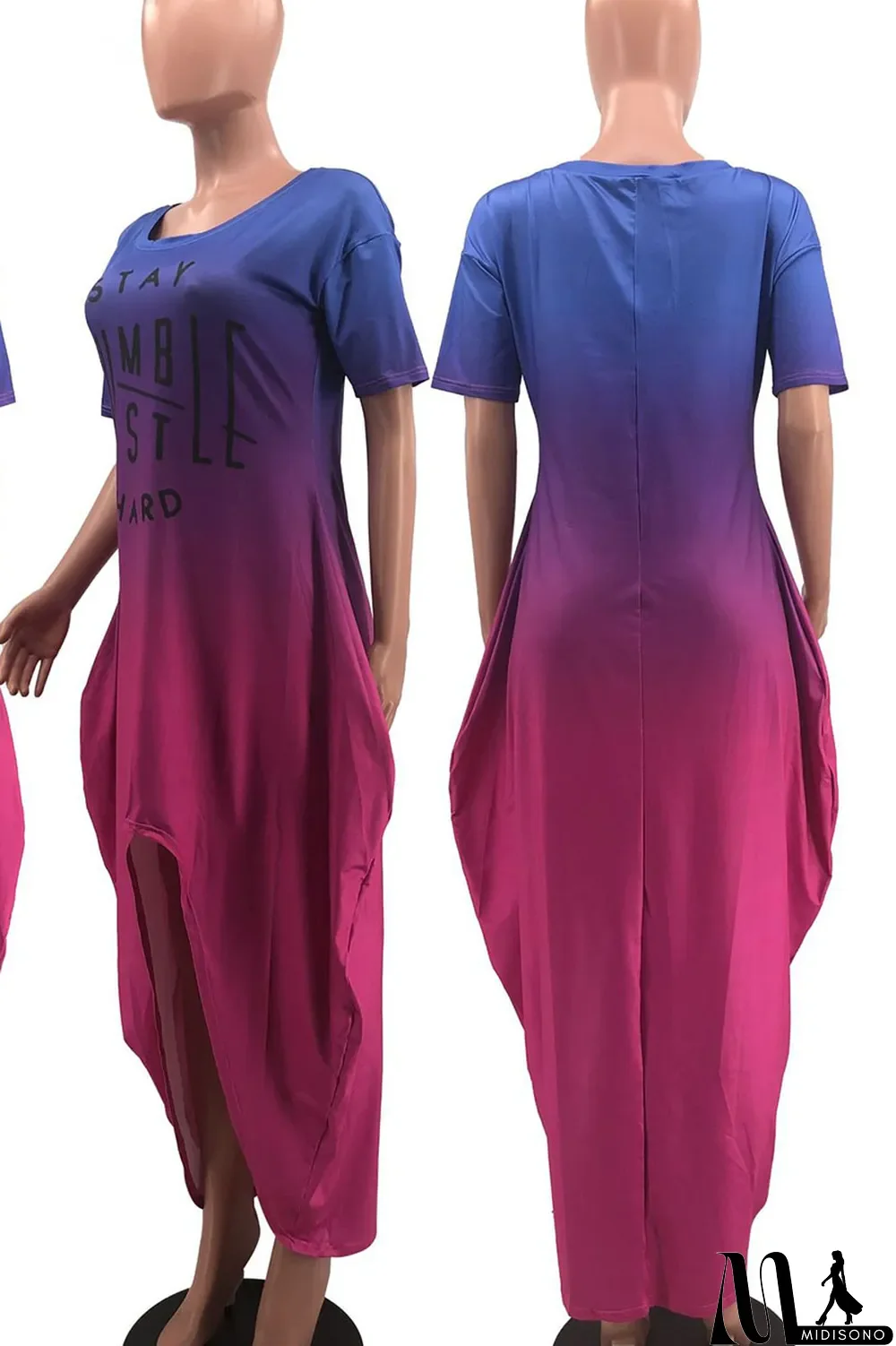 MidiSono - Yellow Casual Gradual Change Print Patchwork Asymmetrical O Neck Irregular Dress Dresses