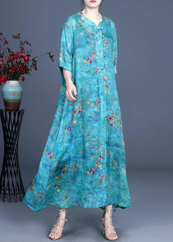 Boho Blue Print O-Neck Summer Ramie Long Dress Half Sleeve