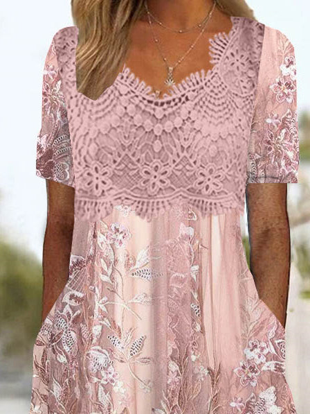 Women's Short Sleeve V-neck Floral Printed Lace Stitching Midi Dress