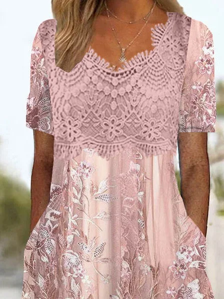 Women's Short Sleeve V-neck Floral Printed Lace Stitching Midi Dress