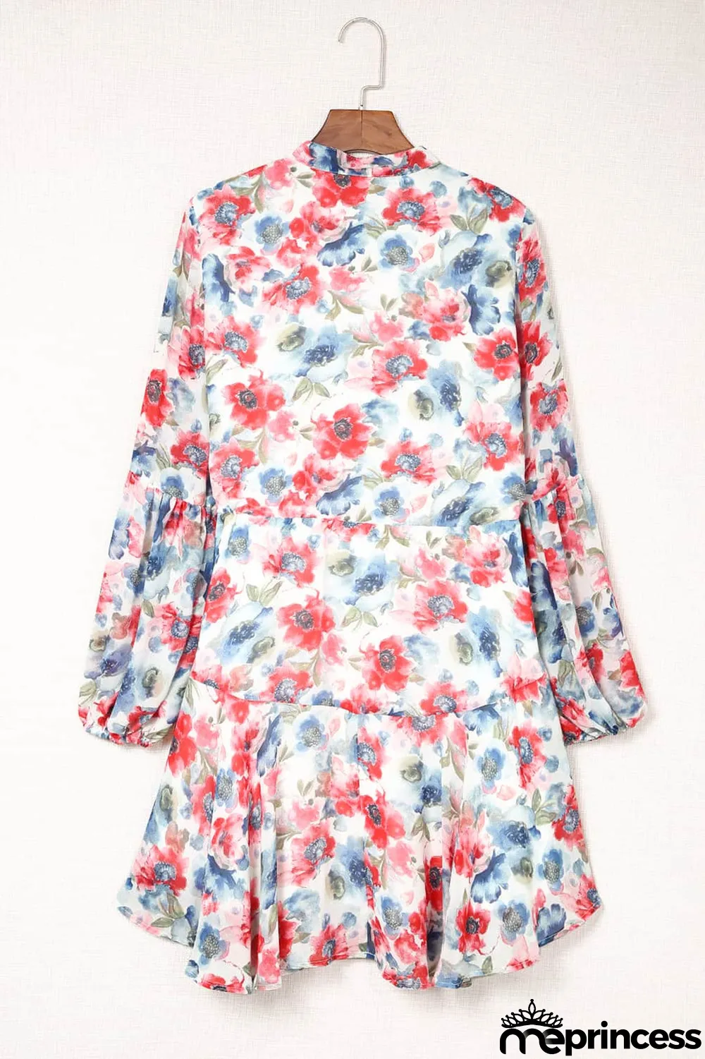 Sky Blue Vintage Floral Print Drawstring Flowy Dress