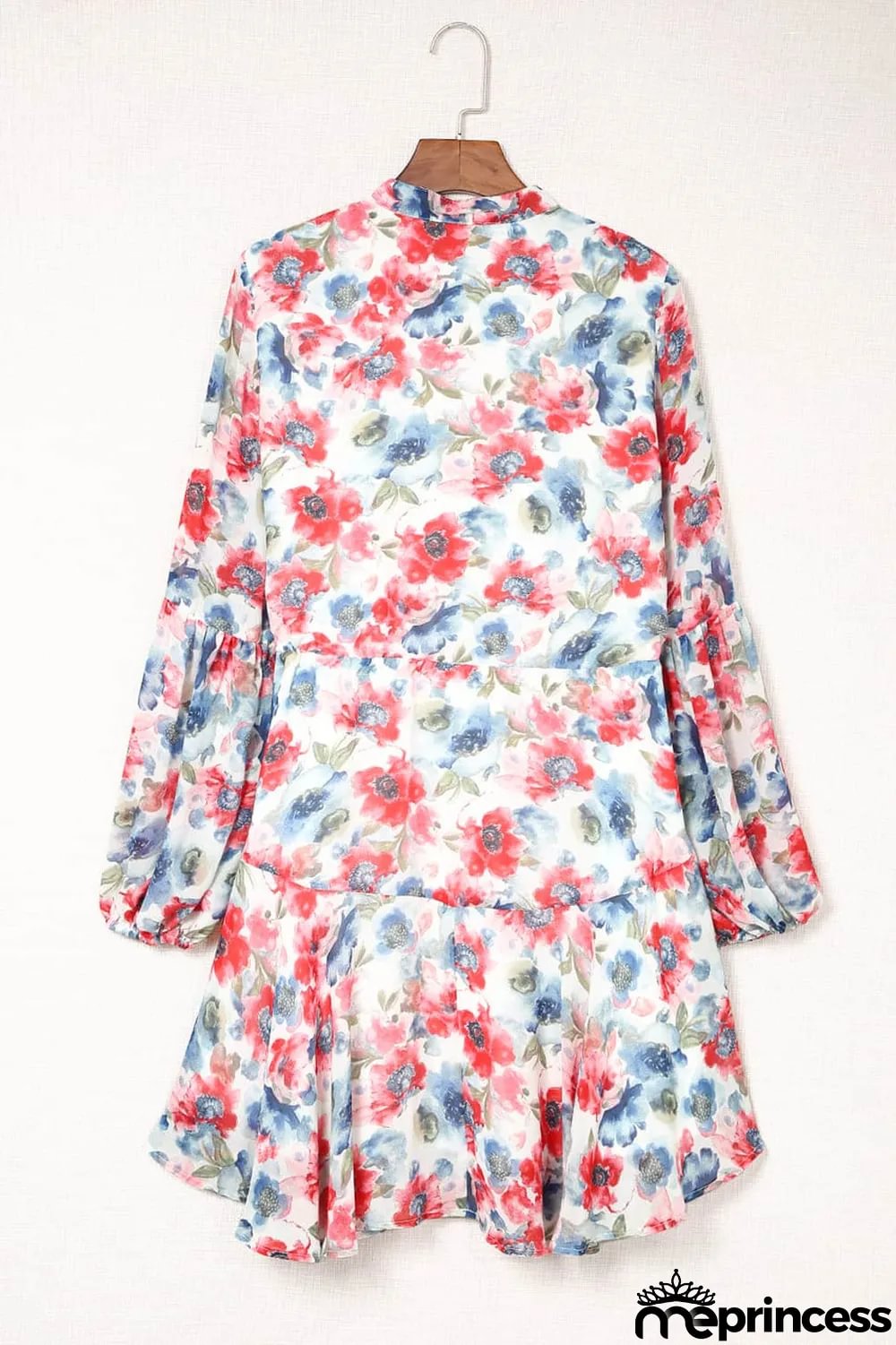 Sky Blue Vintage Floral Print Drawstring Flowy Dress