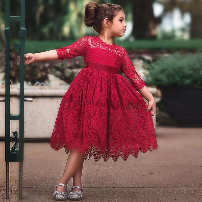 Kids dresses for Girls Spring Clothes Half-sleeve Lace Party Costume Red Children Elegant Prom Frocks 3-8Y Girls Casual Wear